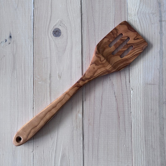 12" Olivewood Spatula with 3 slotted cuts for storing and cooking